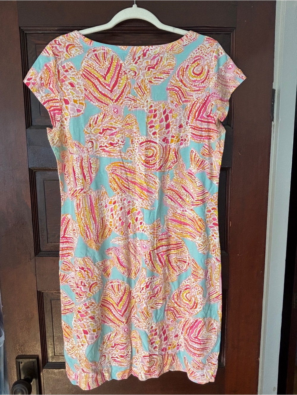 Lilly Pulitzer Aqua Shift Dress with Pink & Yellow Shell Print